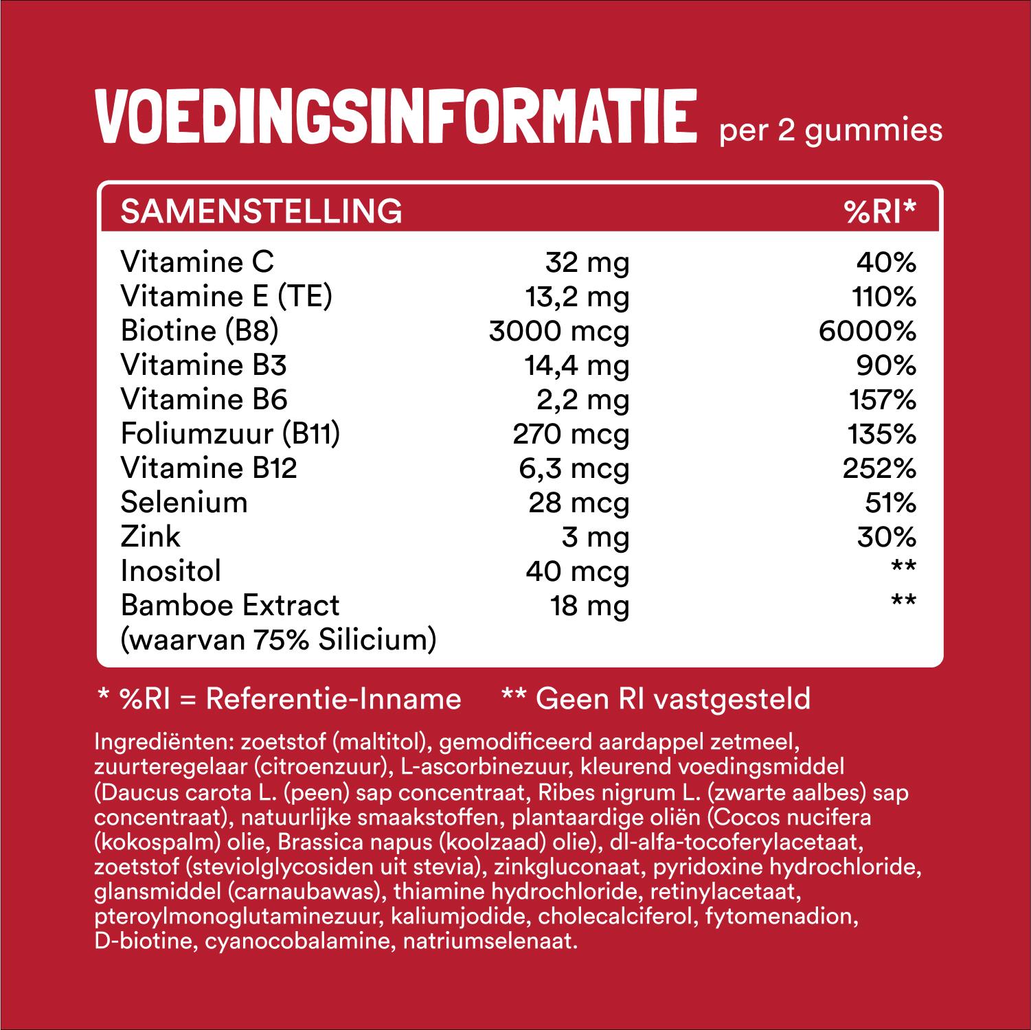 Een Nederlands voedingswaarde-etiket voor 2 Yummygums Hair Kuur Bundel gummies vermeldt de hoeveelheden vitaminen, mineralen en bamboe-extract per portie met % referentie-inname. Ingrediënten staan in kleine tekst onderaan.