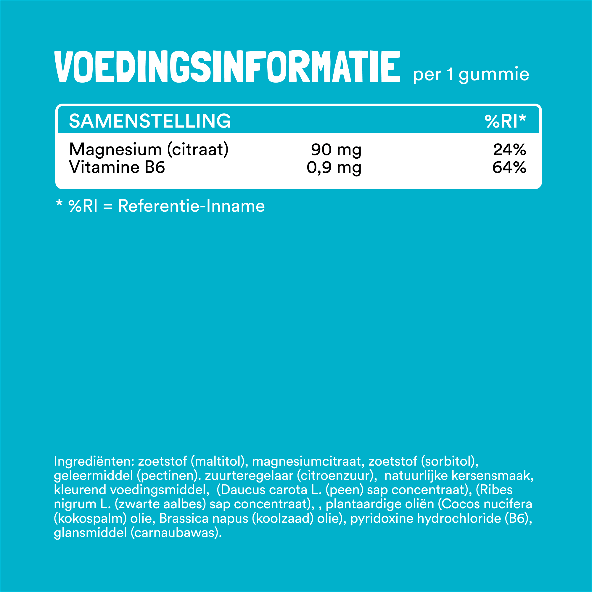 Een Nederlands voedingswaarde-etiket voor Yummygums Zwangerschap Bundel gummies, met magnesium (90 mg, 24% RI) en vitamine B6 (0,9 mg, 64% RI) per gummie; ingrediënten hieronder vermeld op een blauwe achtergrond.