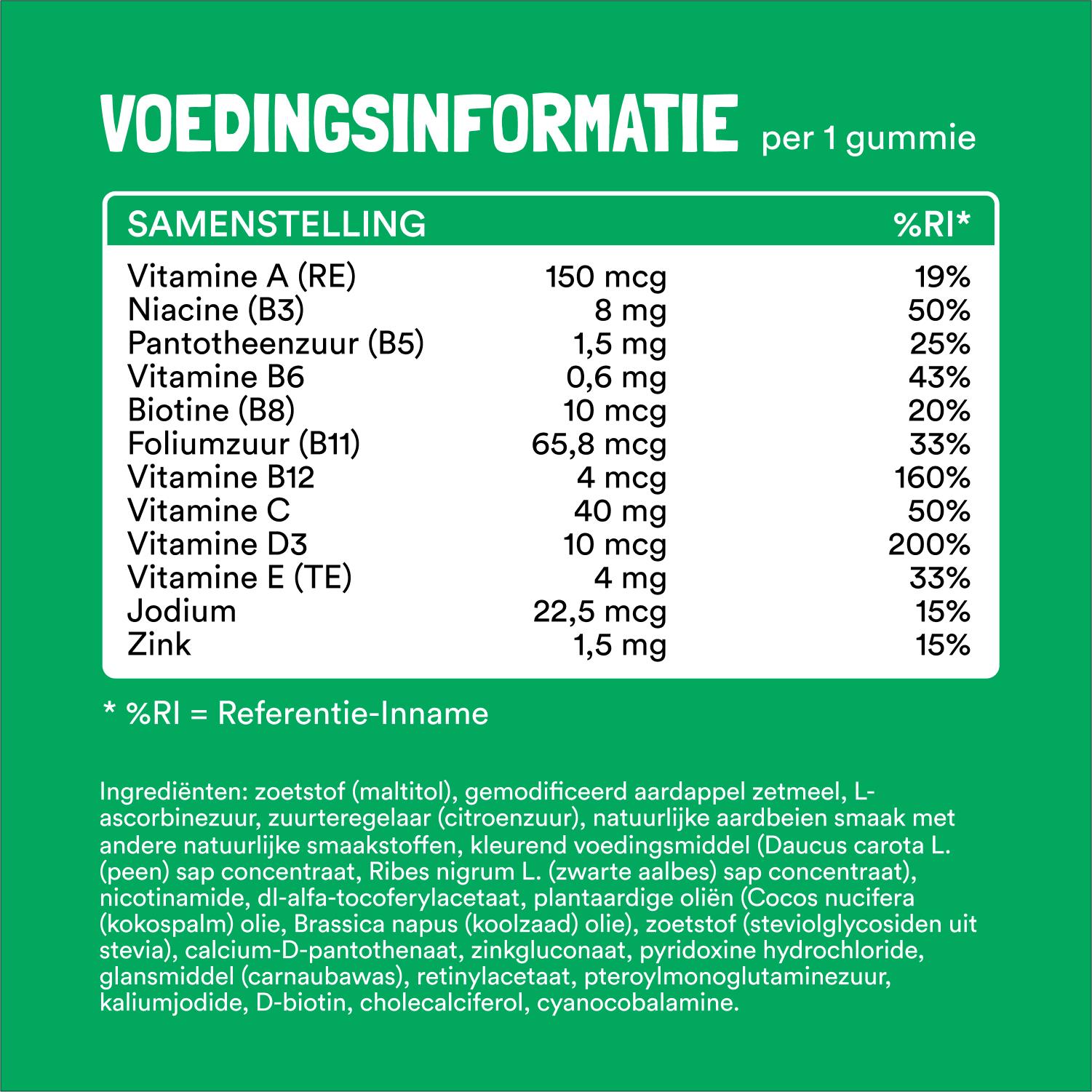 Een groen voedingswaarde-etiket voor Yummygums Familie Bundel gummies vermeldt vitaminen, mineralen, hun hoeveelheden per gummie en % dagelijkse waarde. De ingrediënten staan in kleine Nederlandse tekst onderaan.