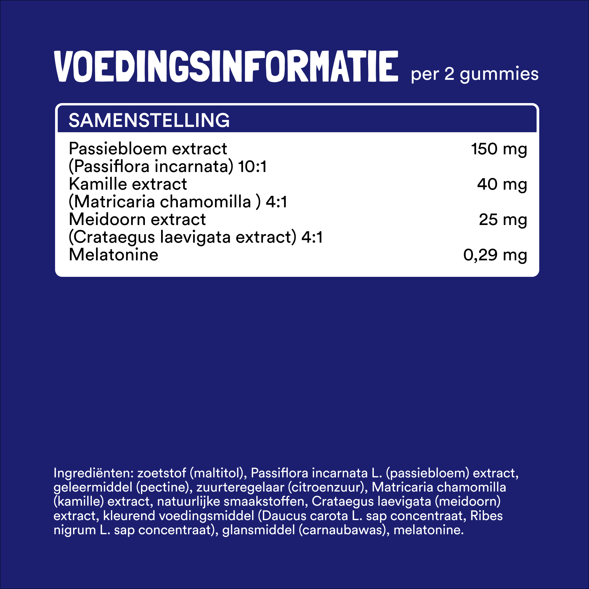 Een Nederlands etiket voor Yummygums Slaap Gummies met passiebloem-extract (150 mg), kamille, meidoorn-extract (25 mg) en melatonine (0,29 mg). Blauwe achtergrond met witte tekst.