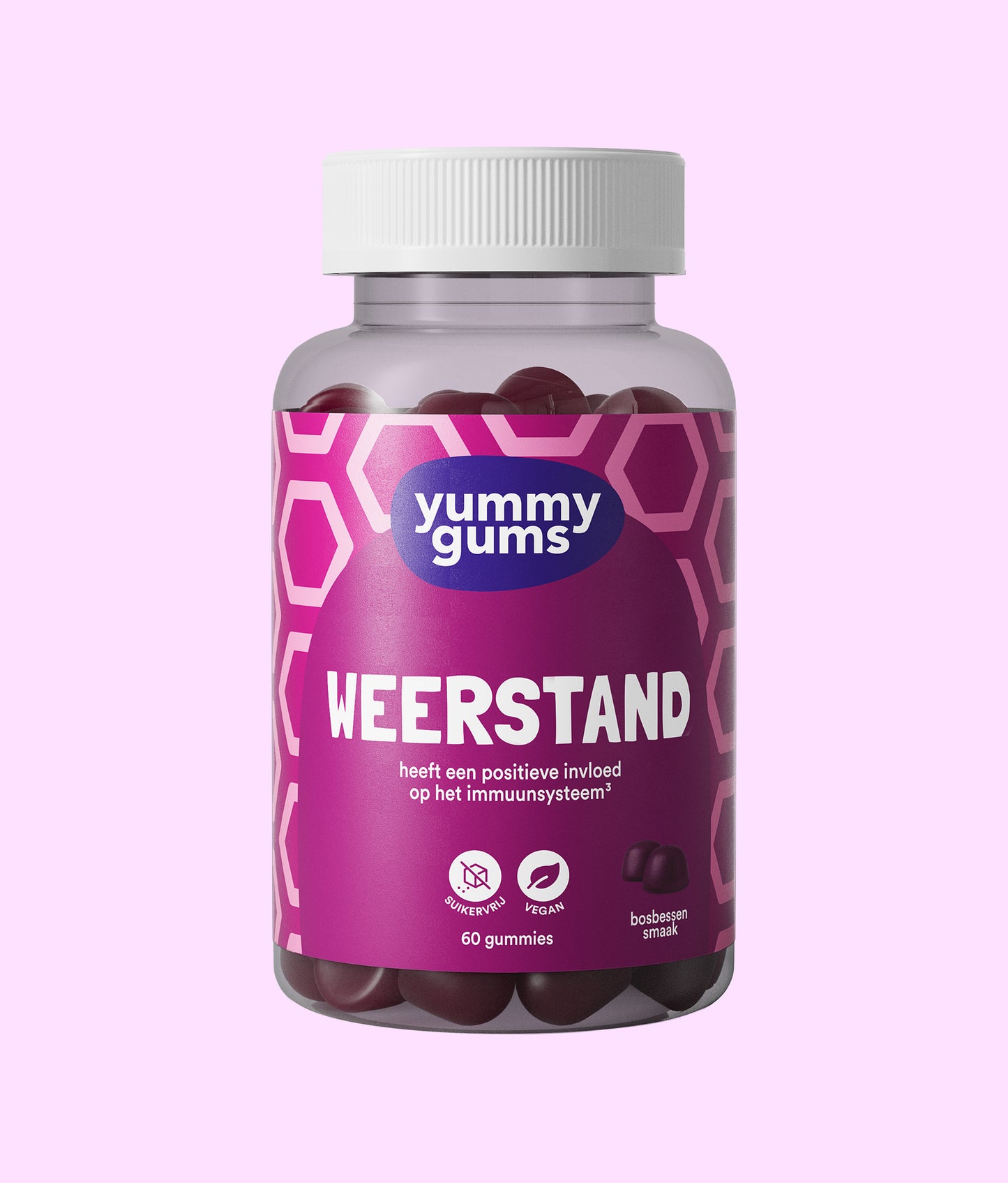Een flesje Yummygums Weerstand Gummies ✧ met een wit deksel en roze honingraatlabel, dat 60 gummies met vitamine C bevat om je immuunsysteem te ondersteunen, is afgebeeld op een lichtroze achtergrond.