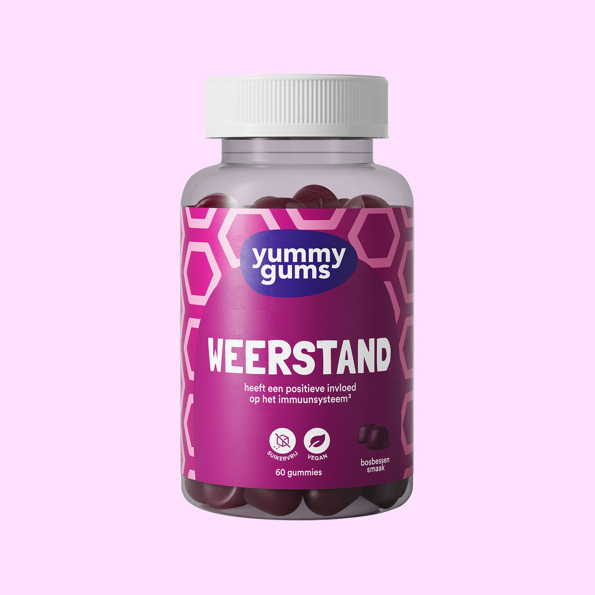 Een flesje Yummygums Weerstand Gummies ✧ met een roze etiket met hexagonaal patroon en witte dop. Het etiket benadrukt ondersteuning van het immuunsysteem met vitamine C, plus veganistische en suikervrije iconen.