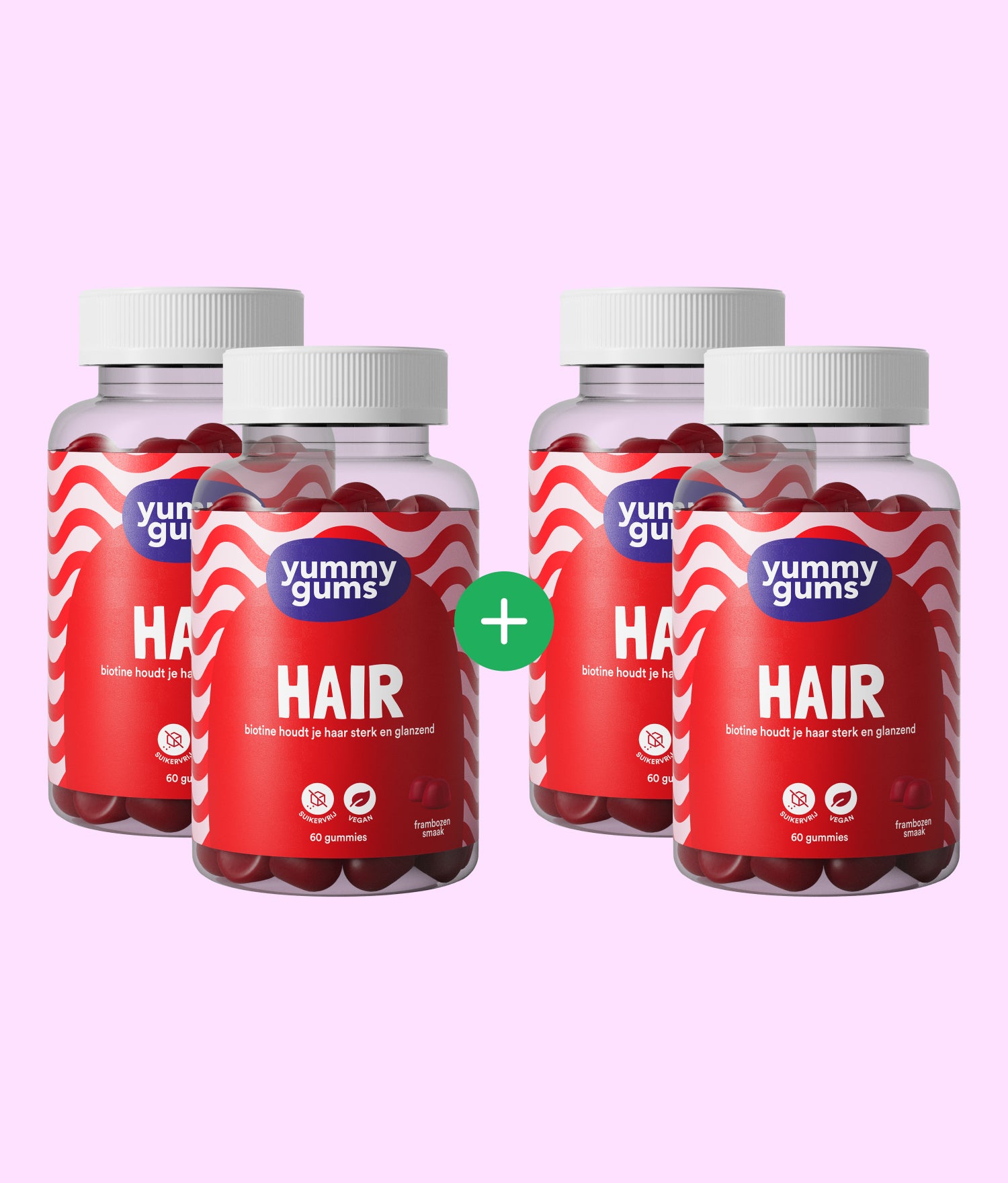 Vier Yummygums 2+2 gratis Hair Deal flesjes met rode labels en witte deksels zijn afgebeeld in twee rijen op een lichtroze achtergrond, groen plus tussen de voorste twee. Ondersteunt voeding huid haar nagels en helpt haarstructuur versterken.