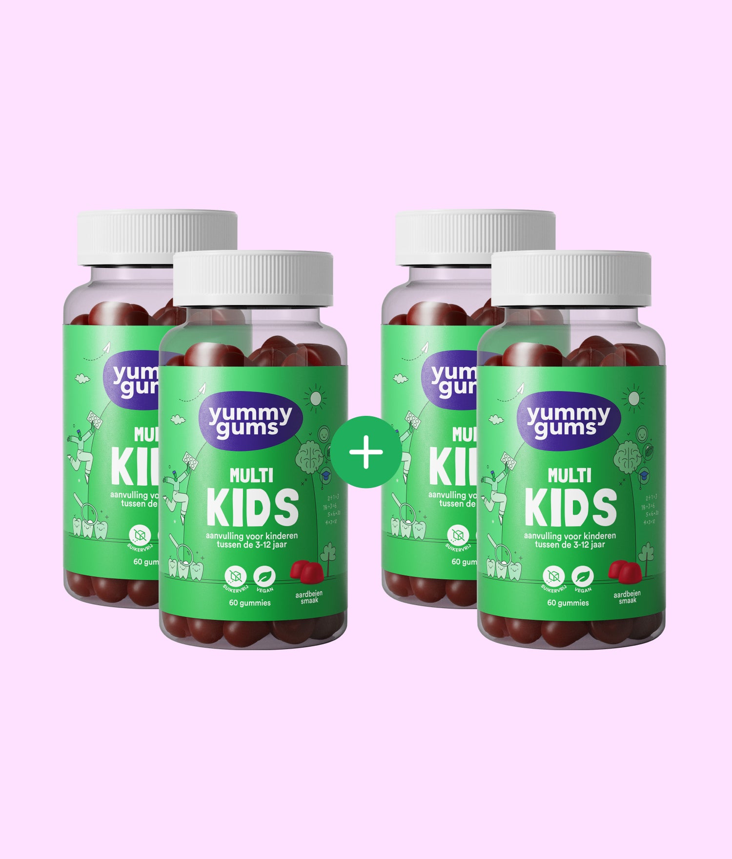 Vier flesjes Yummygums 2+2 Kids Deal zijn afgebeeld tegen een lichtroze achtergrond. De groene etiketten zijn geïllustreerd en elk flesje bevat 60 suikervrije gummies met vitamine C en D3. Tussen twee paar flesjes staat een plusteken.